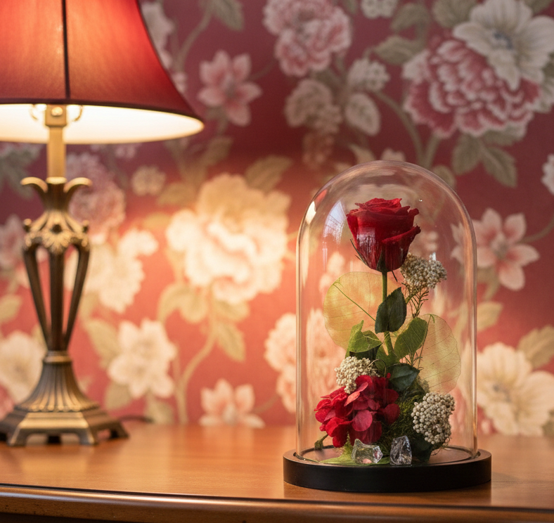 Urna de cristal con rosa eterna