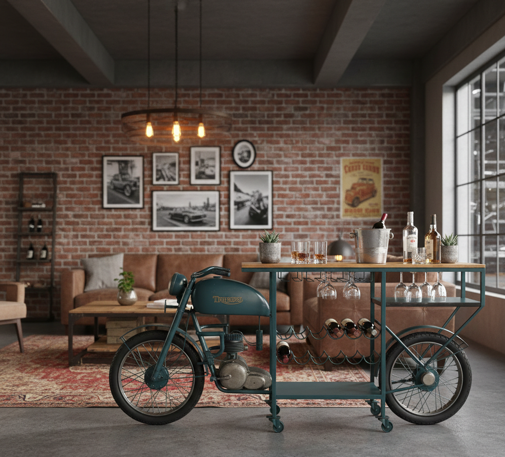 BARRA BOTELLERO MOTO DE MADERA Y METAL ACABADO ARTESANAL AZUL