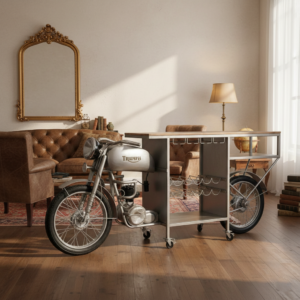 MOTO BARRA BOTELLERO DE METAL Y MADERA ACABADO ARTESANAL GRIS